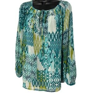 Jones New York Signature Teal Green Sheer Long Sleeve Blouse Top M